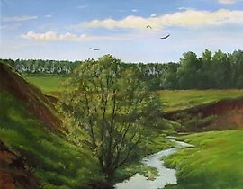 The translation from Russian to English is: "View of the river, oil on canvas."