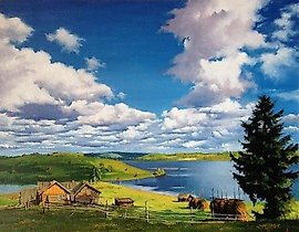 The translation of "Пейзаж с рекой" into English is "Landscape with a river."