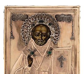 俄罗斯风格的圣尼古拉斯圣像，镶有14K金和银的边框。