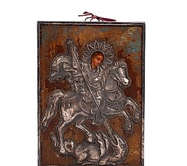 俄罗斯木制圣像，镶有银质外衣，名为“圣乔治杀龙”。