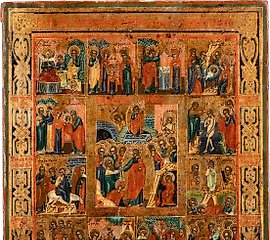 节日的图标。俄罗斯，19世纪末。温和的木材。