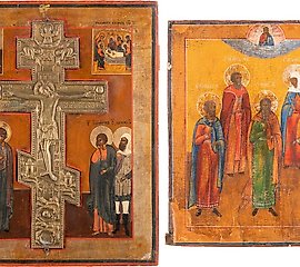 AN ICON SHOWING FIVE SELECTED SAINTS AND A VERY LARGE ICON