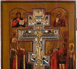 圣架图标上有耶稣基督的钉死画像，他是全能的基督。