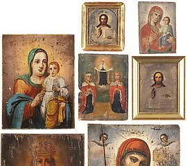 TWO ICONS: CHRIST PANTOCRATOR WITH OKLAD AND MOTHER OF GOD...