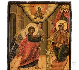 小型俄罗斯圣像，描绘了宣告，带有银制外框。