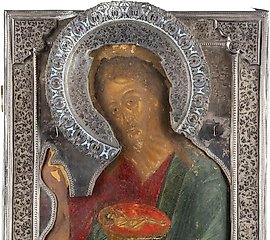 A LARGE ICON SHOWING ST. JOHN THE FORERUNNER FROM A DEISIS