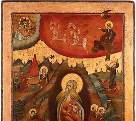 A MONUMENTAL ICON SHOWING THE PROPHET ELIJAH, HIS LIFE IN T