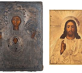 TWO ICONS SHOWING CHRIST PANTOKRATOR WITH A SILVER...