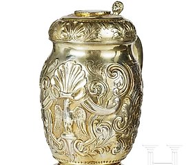 A large Russian silver-gilt lid tankard with a coin of Peter I...
