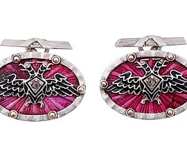 RUSSIAN EAGLE SILVER RUBY STONES ENAMEL CUFFLINKS