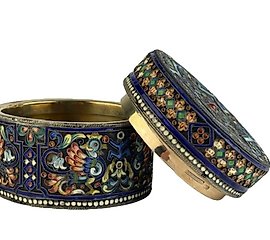 Antique Russian champleve enameled round silver box.