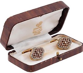 俄罗斯男士银质镶金、珐琅和钻石袖扣，附带盒子。