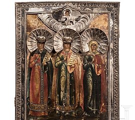 Icon with three holy martyrs with silver basma, Russian...