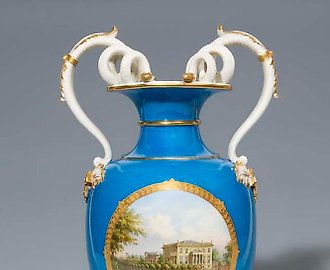 Ваза видовая со змеиными ручками. КПМ БЕРЛИН 1849-1870, художник Хаус. KPM