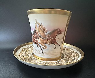 Чайная пара Русская тройка. Быстрицкой. Фарфор, ручная роспись, золочение, цировка.