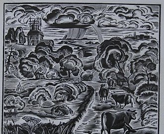 Пейзаж с коровами. Линография. 16 х 17см.