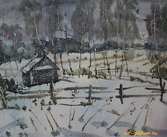 "March in the village. Watercolor. 50x70"