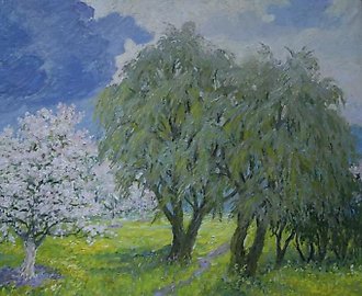Яблоня цветет. Холст, масло. 53 х 60 см