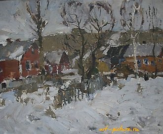 Деревня Астрогань. Конец зимы. Картон, масло. 40 х 50 см