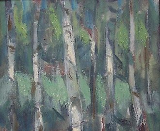 "Birches. Canvas, oil. 47 x 38 cm"