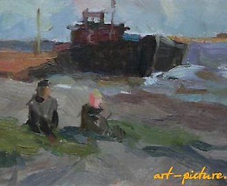 На реке. Картон, масло. 14 х 27 см