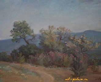 "The thistle is in bloom. Canvas, oil. 51 x 65 cm"