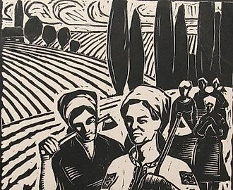 В поле. Линогравюра.