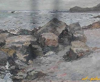 Камни на берегу моря. Холст, масло. 44 х 80 см
