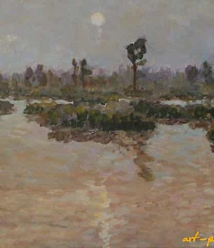 购买 沼泽上的暮光。月亮。画布，油画。42 x 68 厘米。