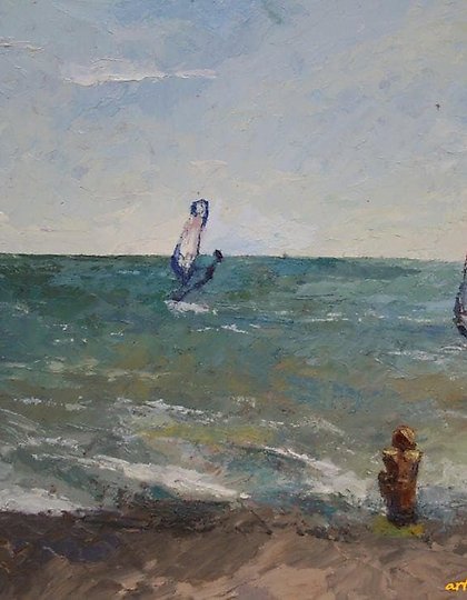 购买 在海边。萨基。纸板,油画。25 x 35 厘米。