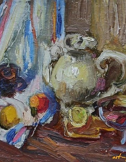 购买 茶静物绘画。纸板,油画。15 x 22 厘米