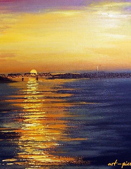 购买 早晨。火车桥的油画,画布。