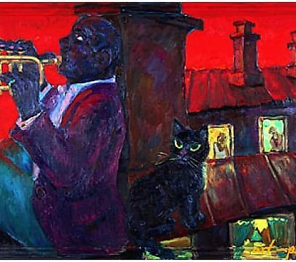 buy The text translates to: "Trumpeter at Sunset 130x85 untitled Canvas, oil."