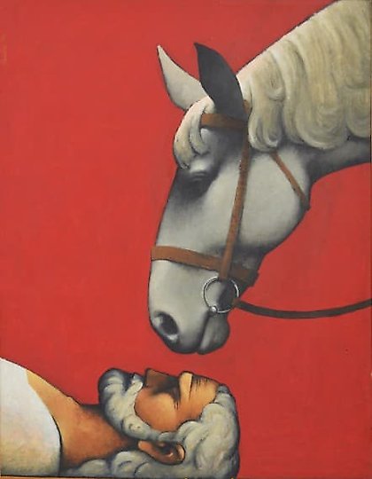 buy The text translates to "Two comrades, canvas, oil" in English.