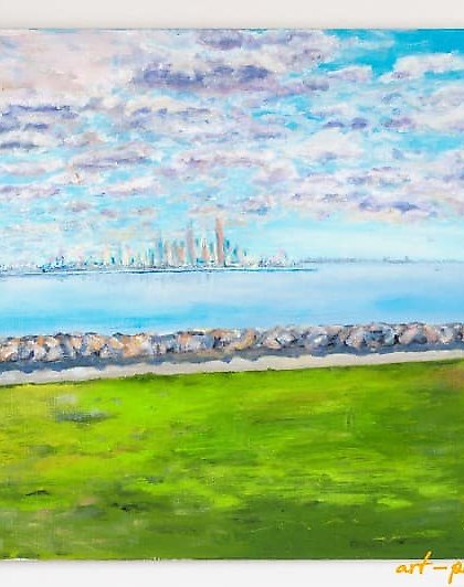 buy The translation of the text is: "View of Melbourne, oil on canvas."