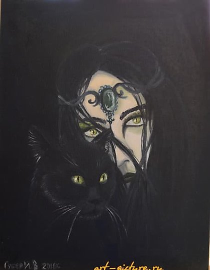 购买 “与猫的女巫” 油画，纸板上的画布