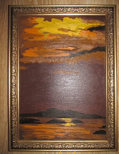 buy The translation of the text into English is "Sunset oil, canvas, cardboard."