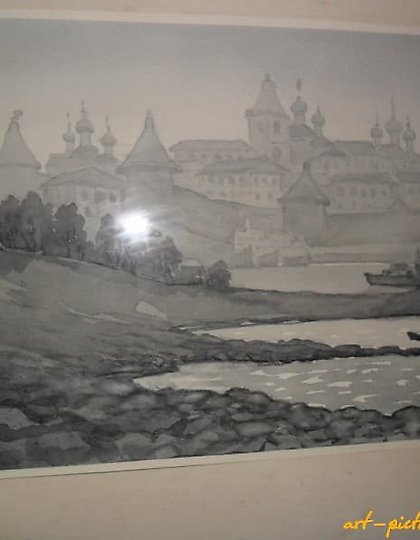 купить Рисунок из серии "Соловецкий монастырь.Вид с бухты Благополучия" бум.,акварель.Стекло, паспарту. 