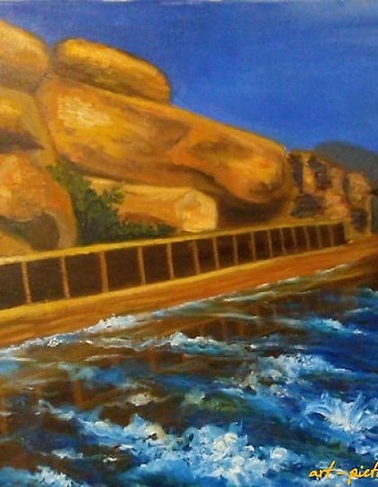buy The translation of the text is "Evening in Hampi, Oil on canvas."
