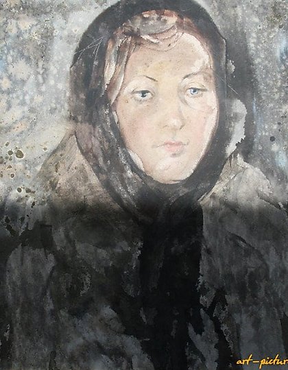 купить Девушка в платке. Бумага, акварель. 52 х 60 см.