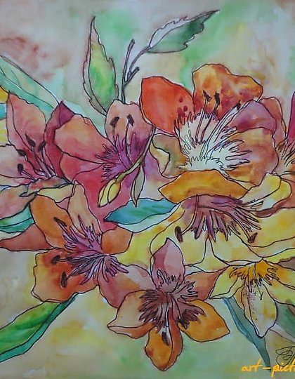 buy Gold Lilies watercolor, liner, paper
