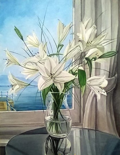 购买 窗边的花束,油画,画布