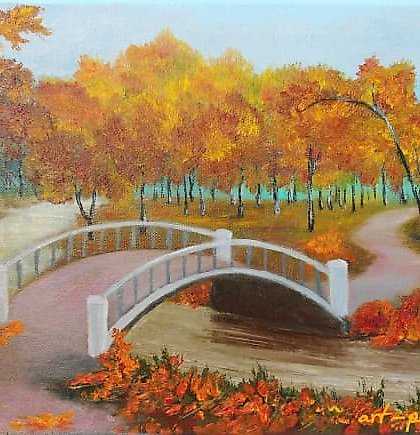 购买 秋叶中的小桥 画布，油画