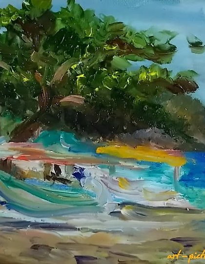 купить Лодки на берегу. Бали масло, холст 