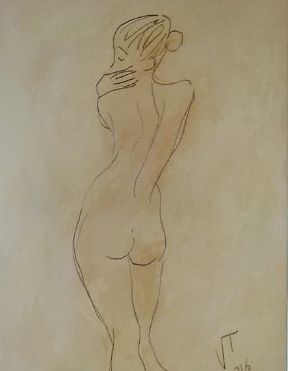 buy The translation of the text into English is: "Sketch from the back, oil on cardboard."