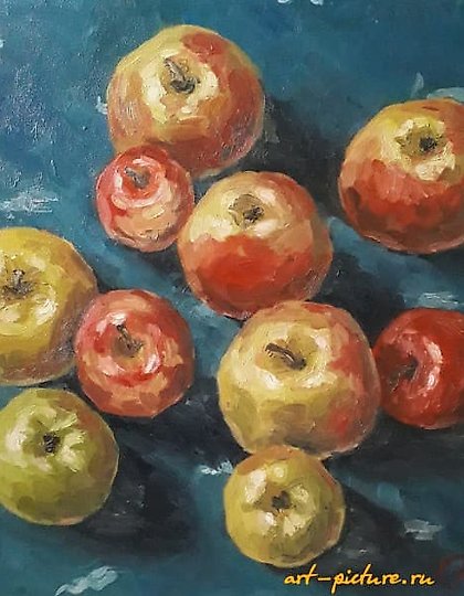 buy "Apples on a blue tablecloth. Oil, canvas."