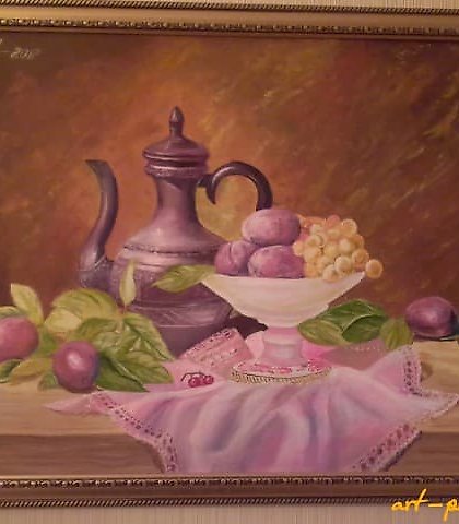 buy Still Life - Pitcher with Fruits, oil on canvas, master technique, gold frame.