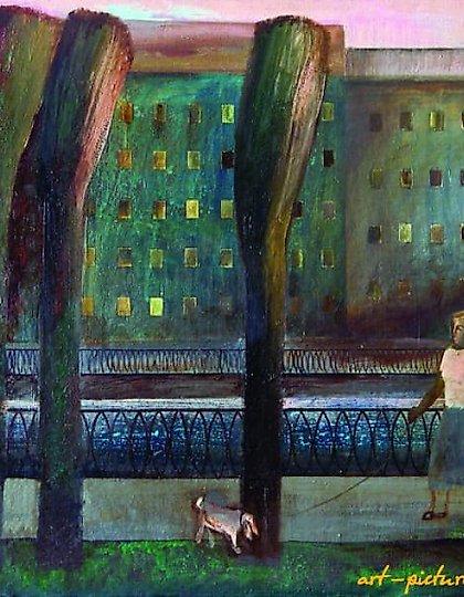 购买 沿着霍尔斯特的滨水大道散步。油画