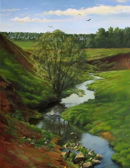 购买 这句话翻译成简体中文是：河流的景色，油画，画布。