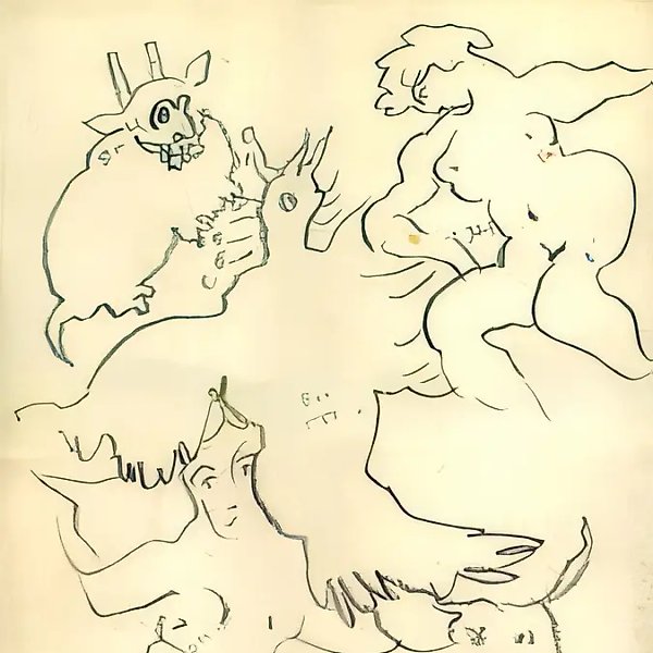Анатолий Зверев. Фантасмагория птиц женщин и зверей., 1955, бумага, карандаш, 50х38